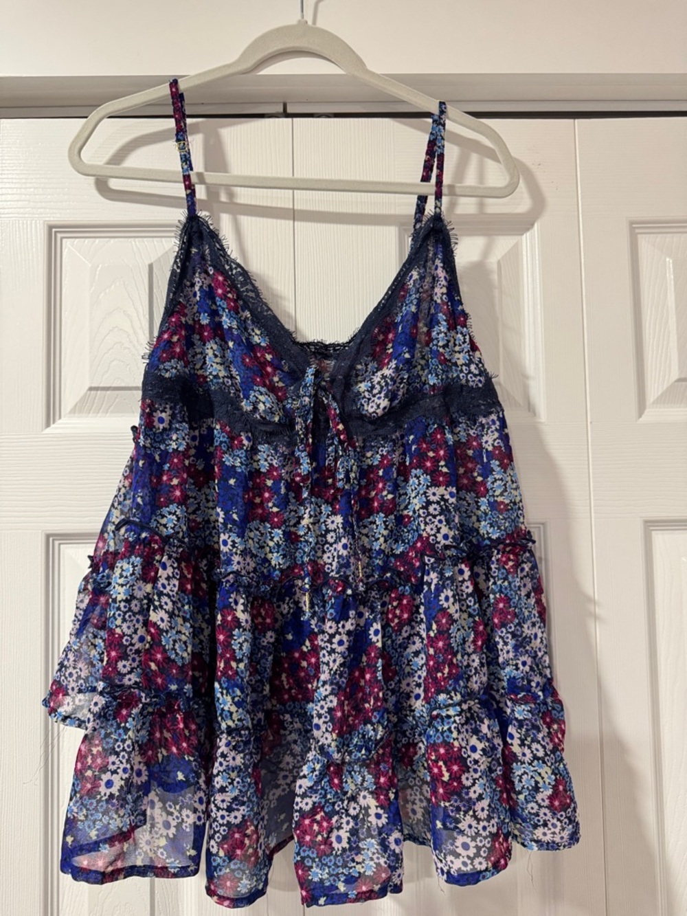 FREE PEOPLE Floral Lace-Trim Navy and Pink Spaghetti Strap Tank